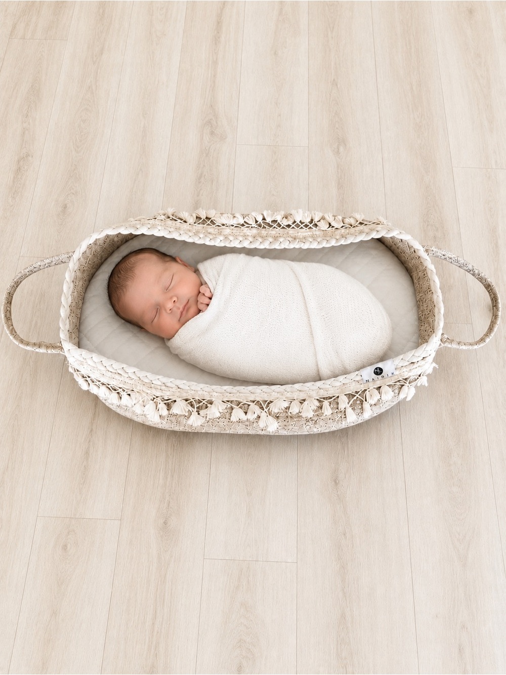 Maidek Boho Tassel Baby Moses Basket or Changing Basket in Cream & Tan